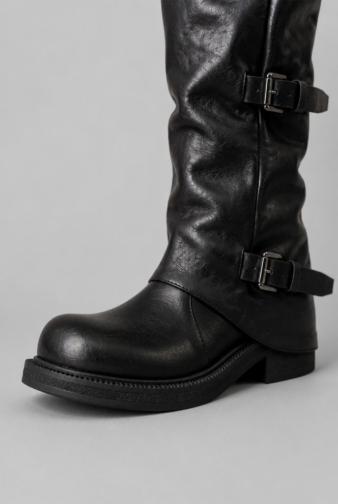 Buckle Biker Boots with Block Heel