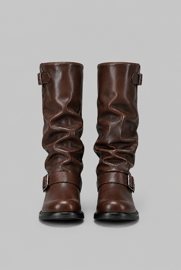 Knee-High Biker Boots With Buckle Detail