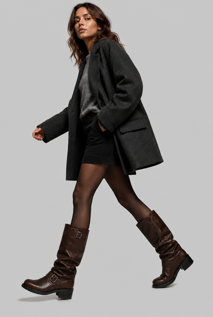 Knee-High Biker Boots With Buckle Detail