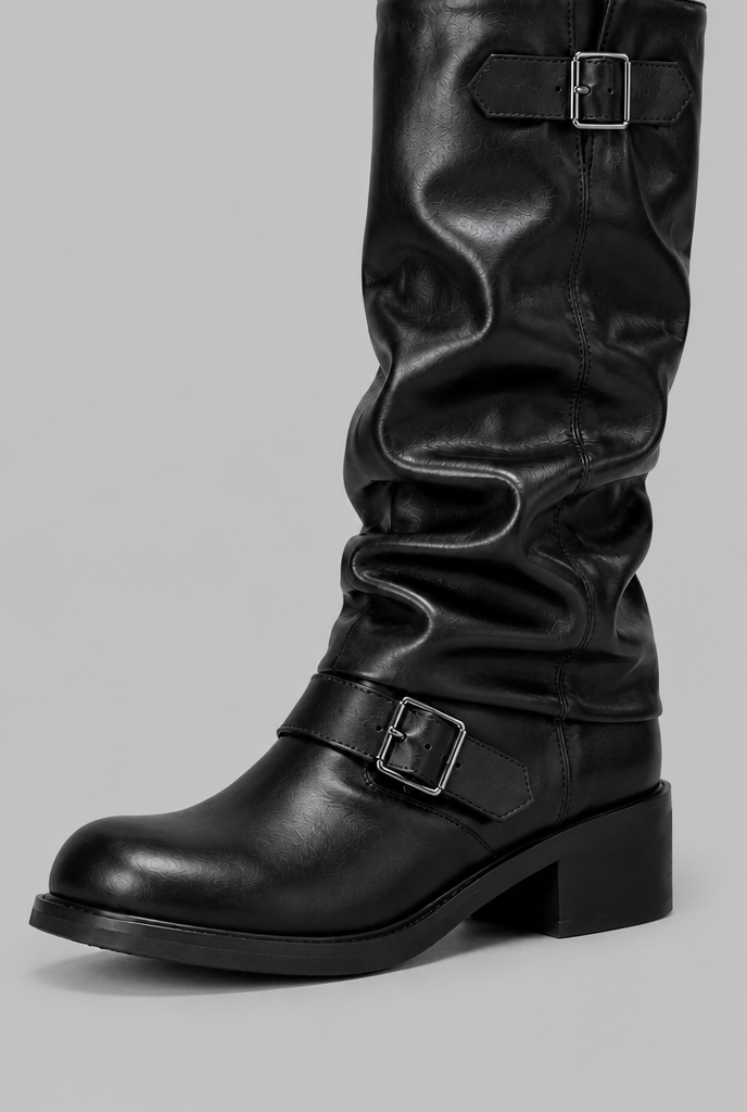 Knee-High Biker Boots With Buckle Detail