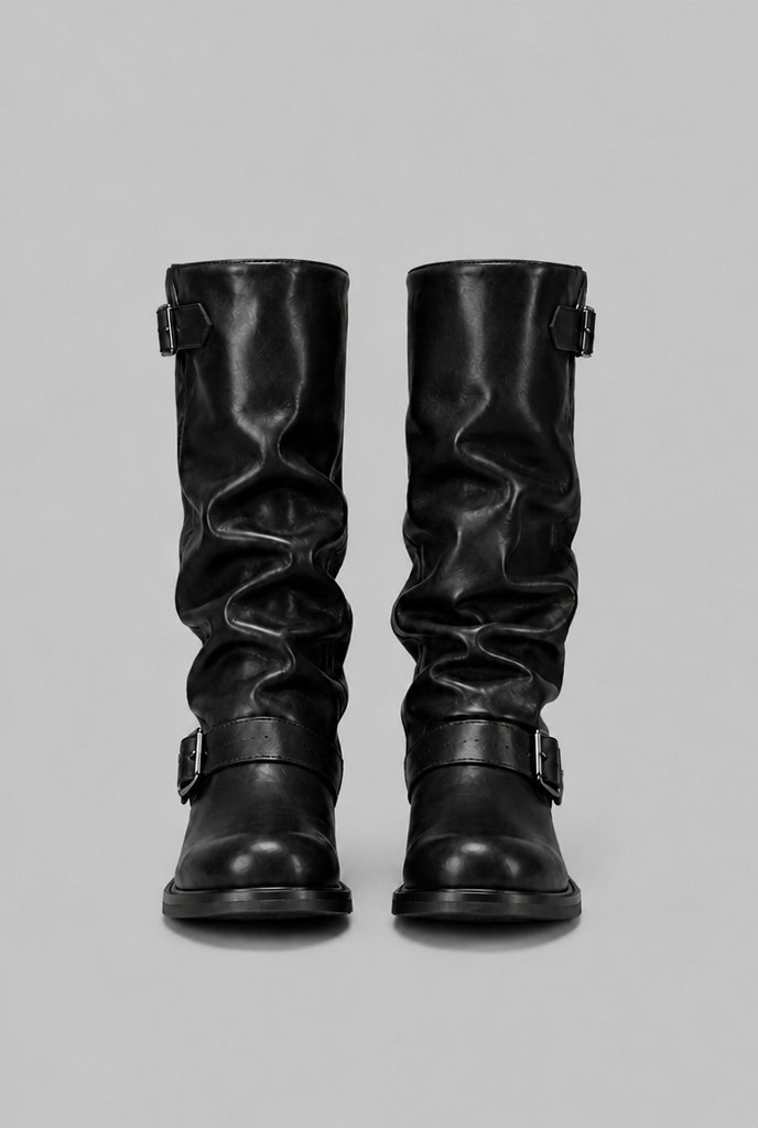 Knee-High Biker Boots With Buckle Detail