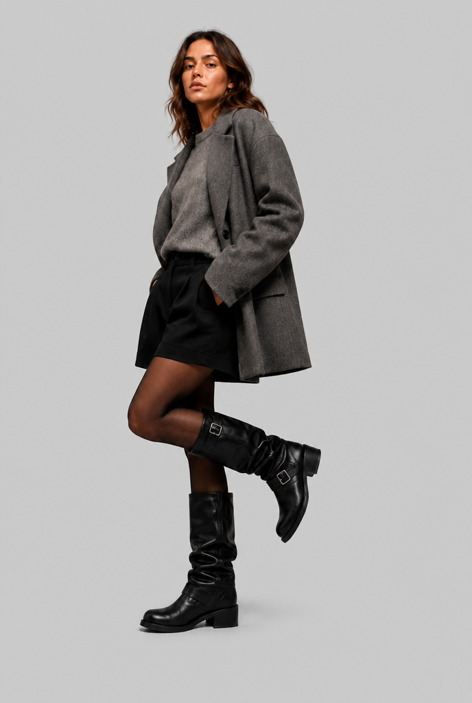 Knee-High Biker Boots With Buckle Detail