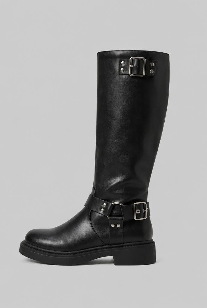 Knee-High Buckle Biker Boots