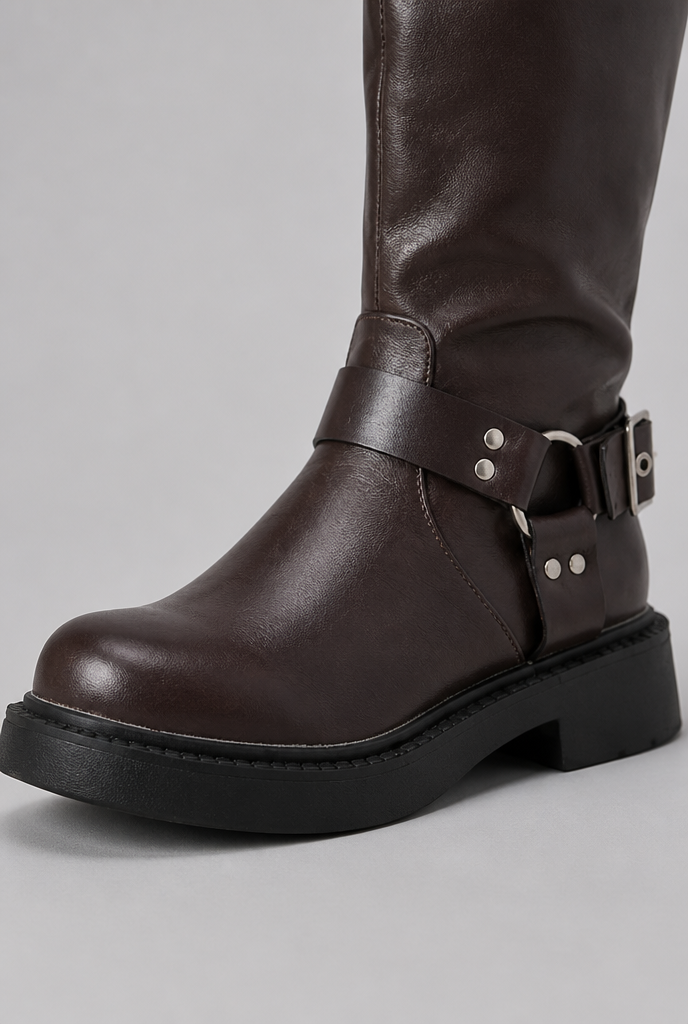 Knee-High Buckle Biker Boots
