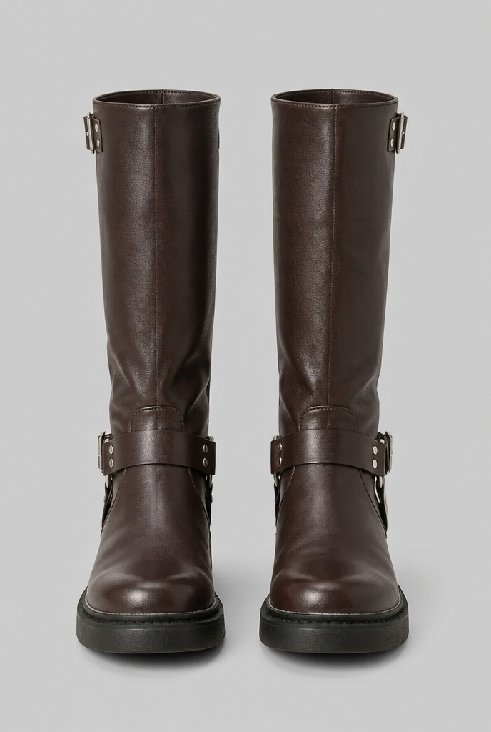 Knee-High Buckle Biker Boots