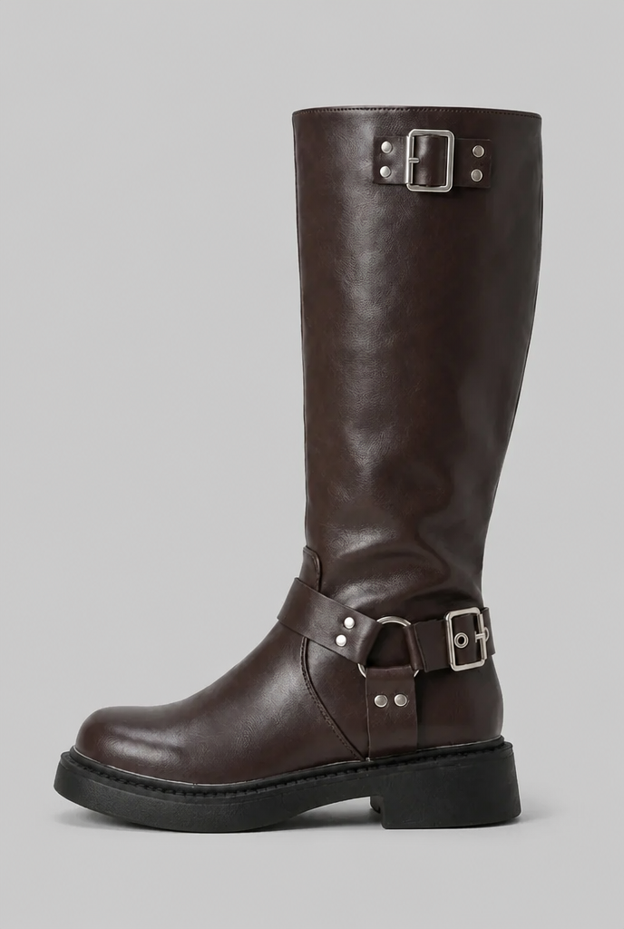 Knee-High Buckle Biker Boots