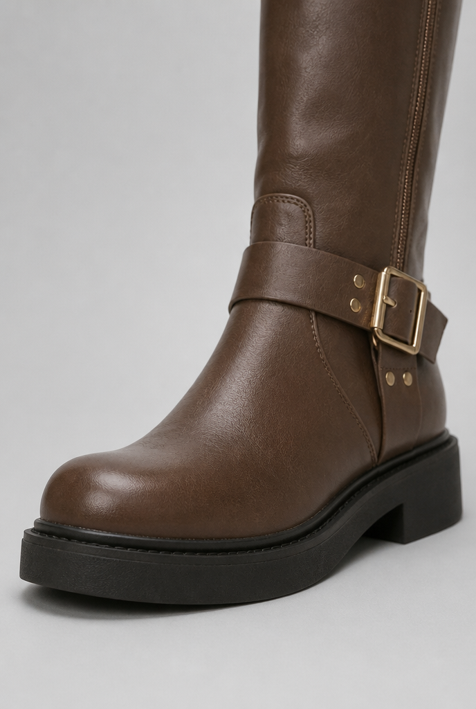 Knee-High Buckle Biker Boots