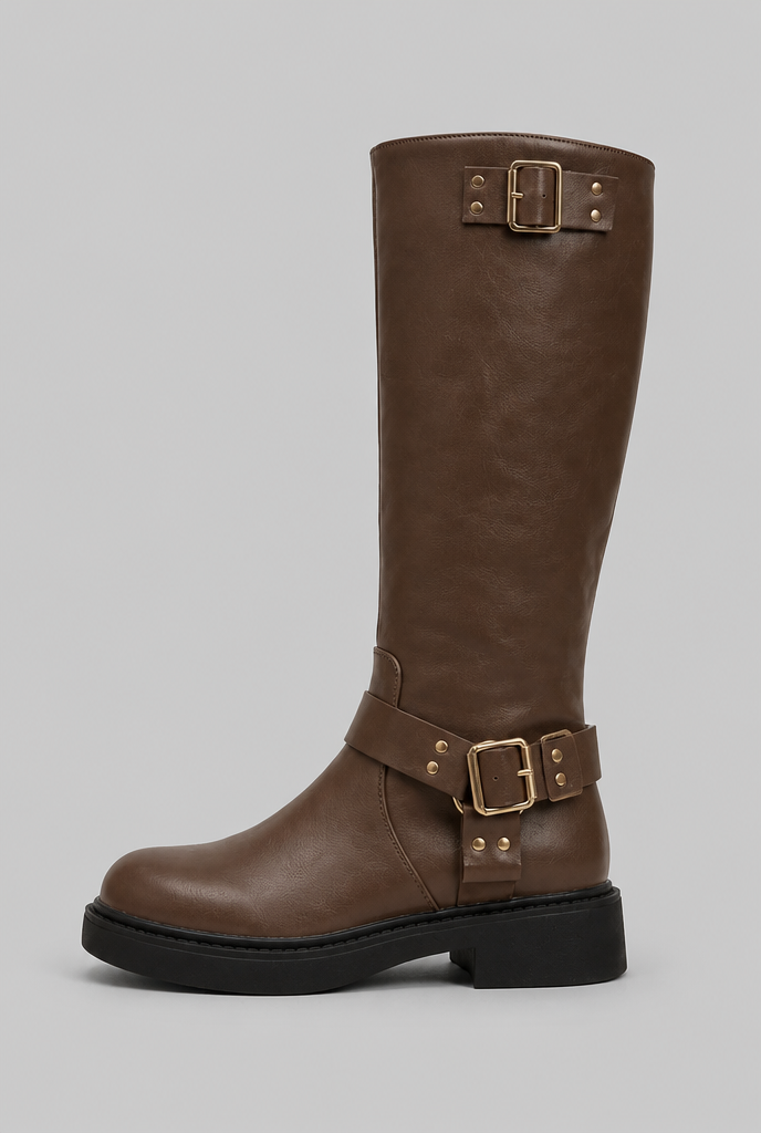 Knee-High Buckle Biker Boots