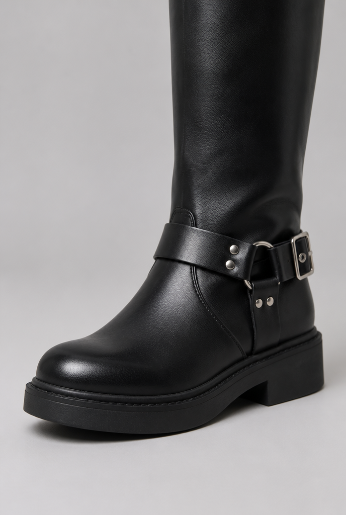 Knee-High Buckle Biker Boots
