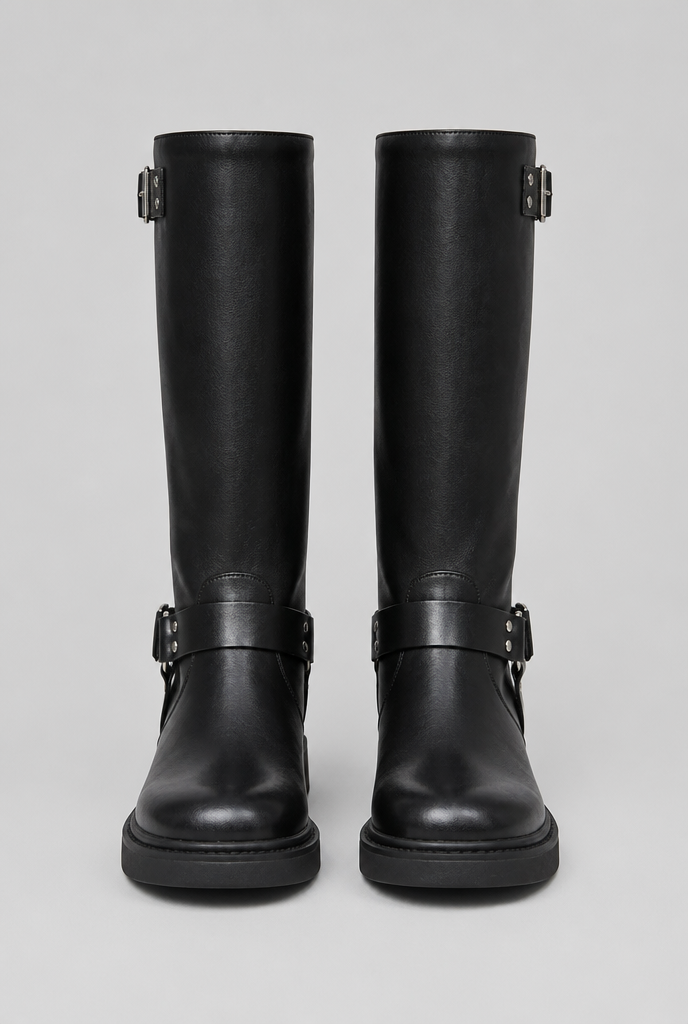Knee-High Buckle Biker Boots