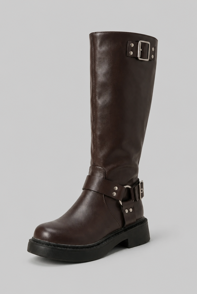 Knee-High Buckle Biker Boots
