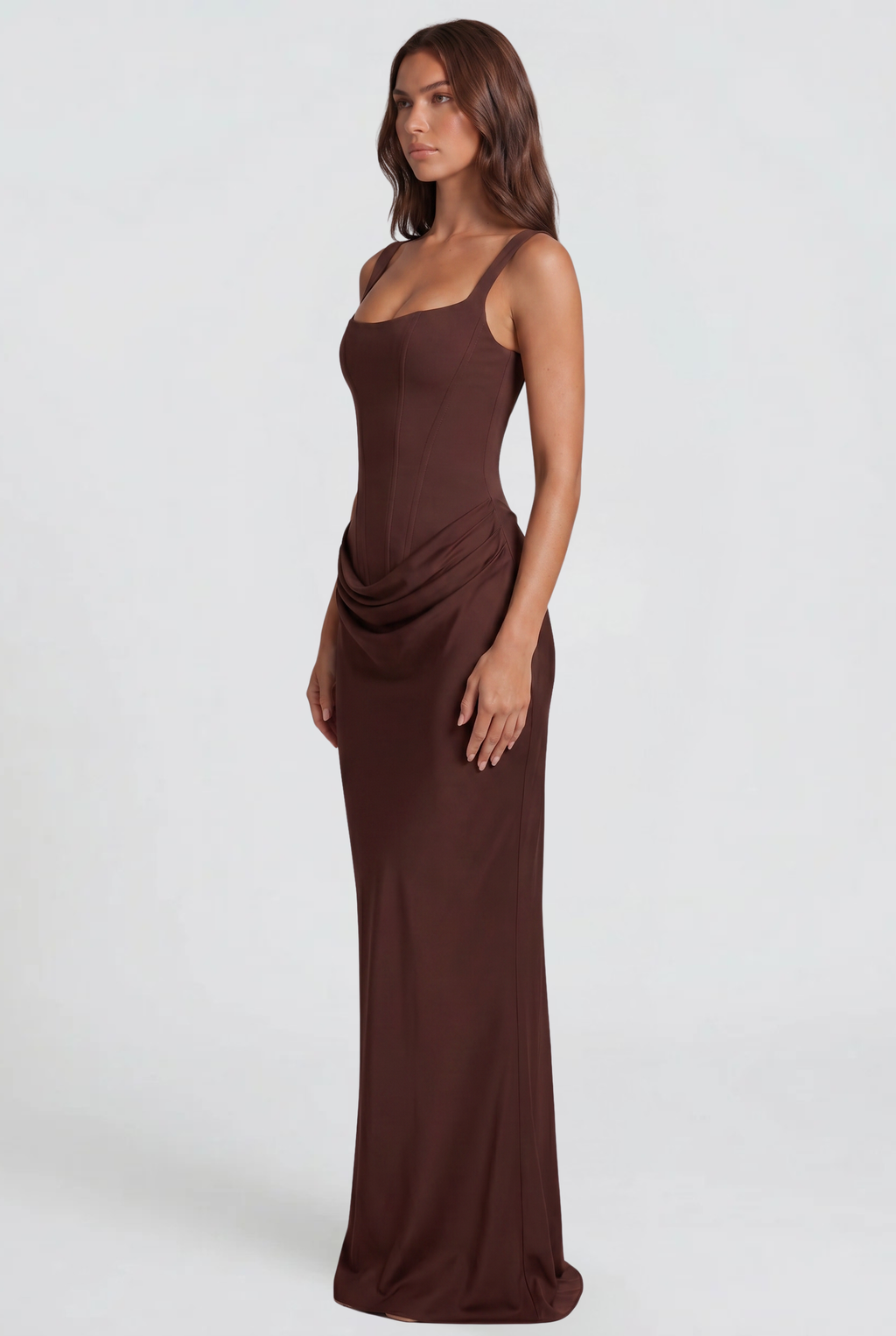 Square Neck Satin Maxi Dress With Lace Up Back