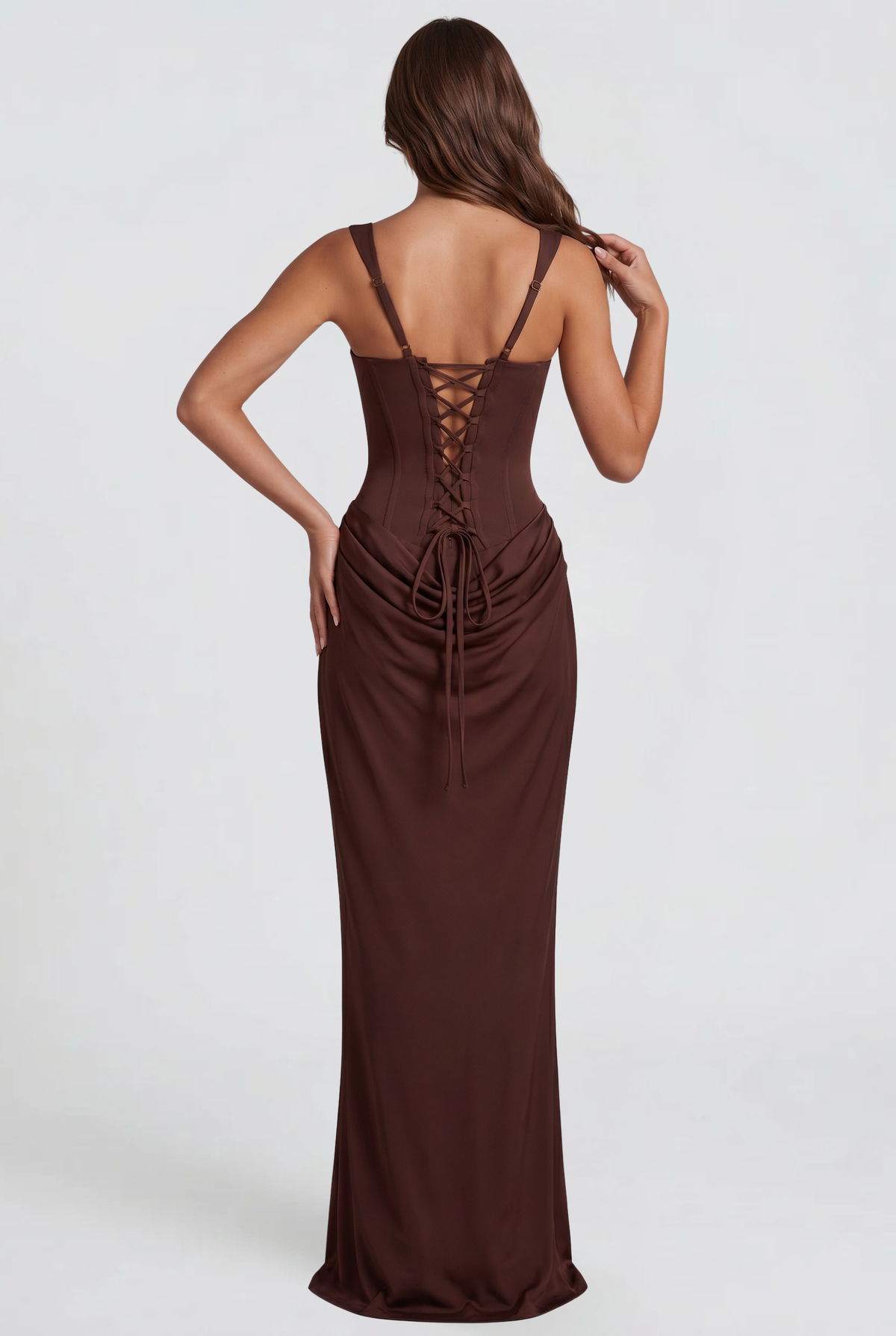 Square Neck Satin Maxi Dress With Lace Up Back