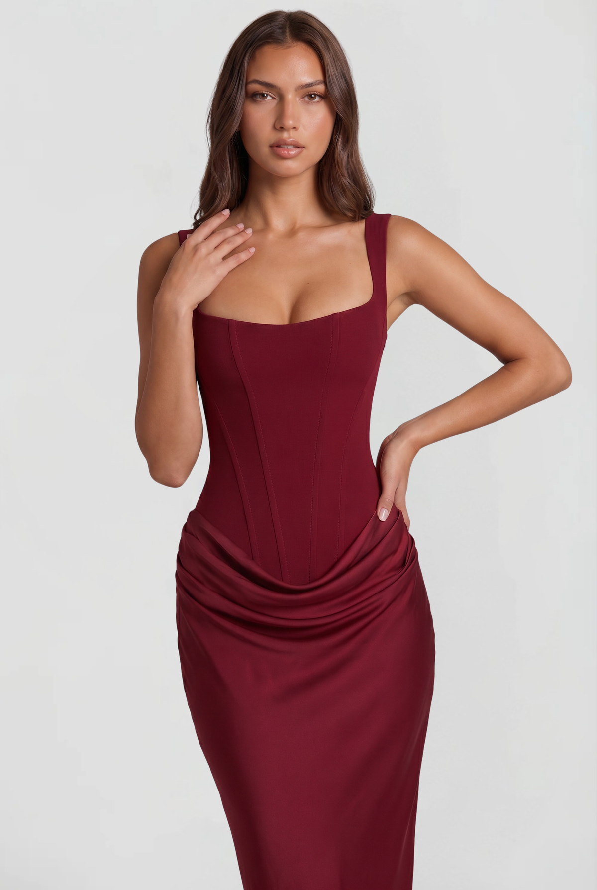 Square Neck Satin Maxi Dress With Lace Up Back