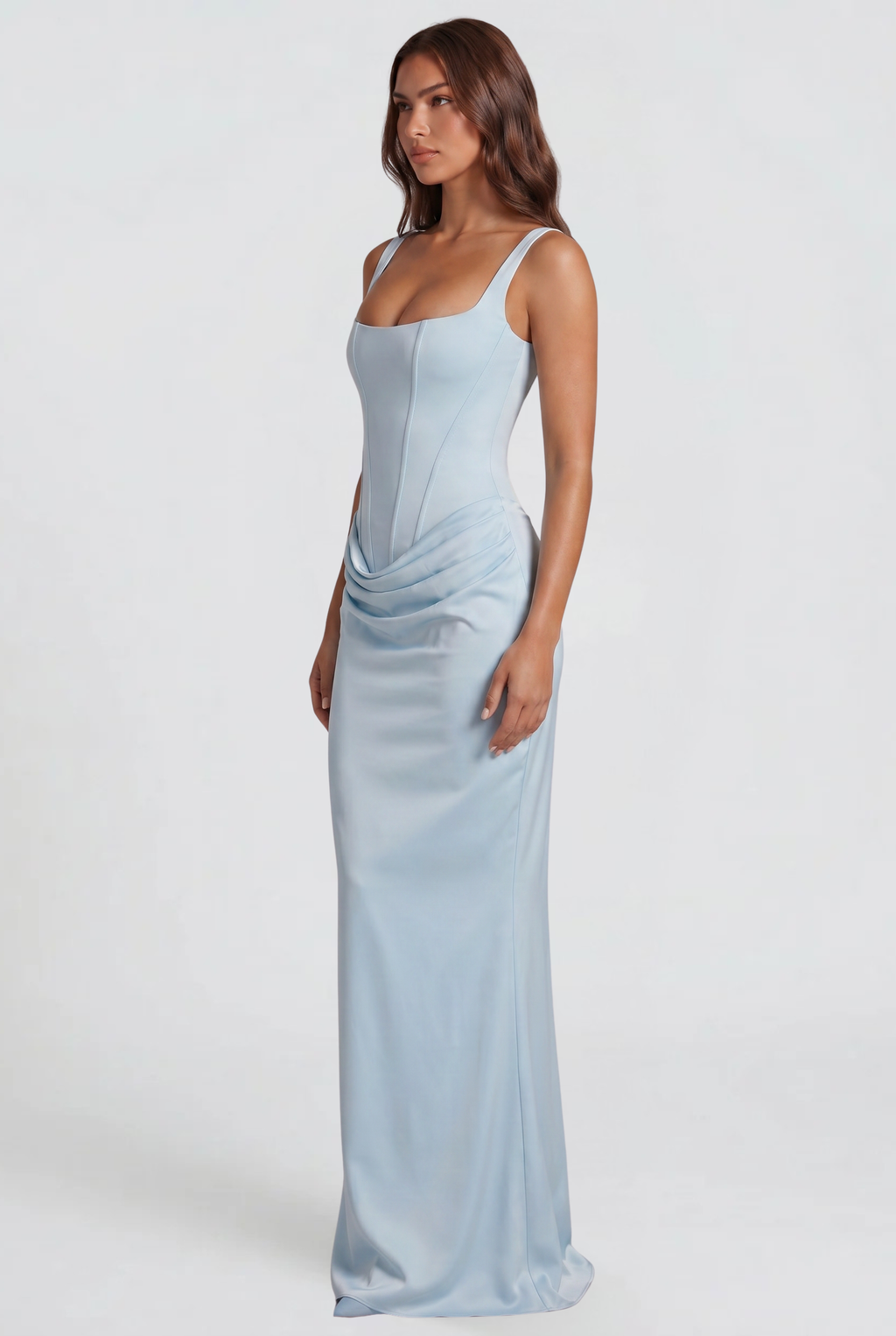 Square Neck Satin Maxi Dress With Lace Up Back