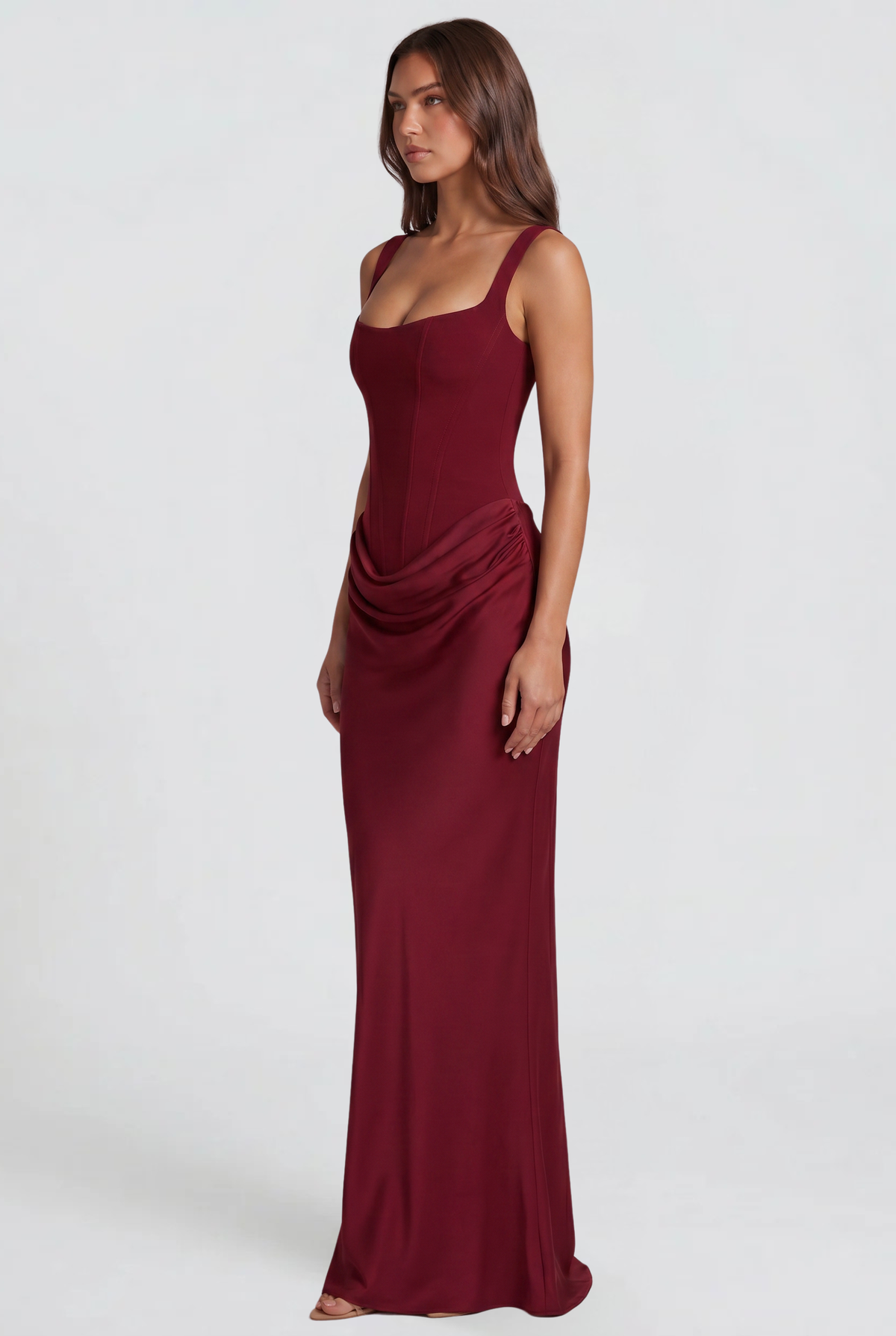 Square Neck Satin Maxi Dress With Lace Up Back