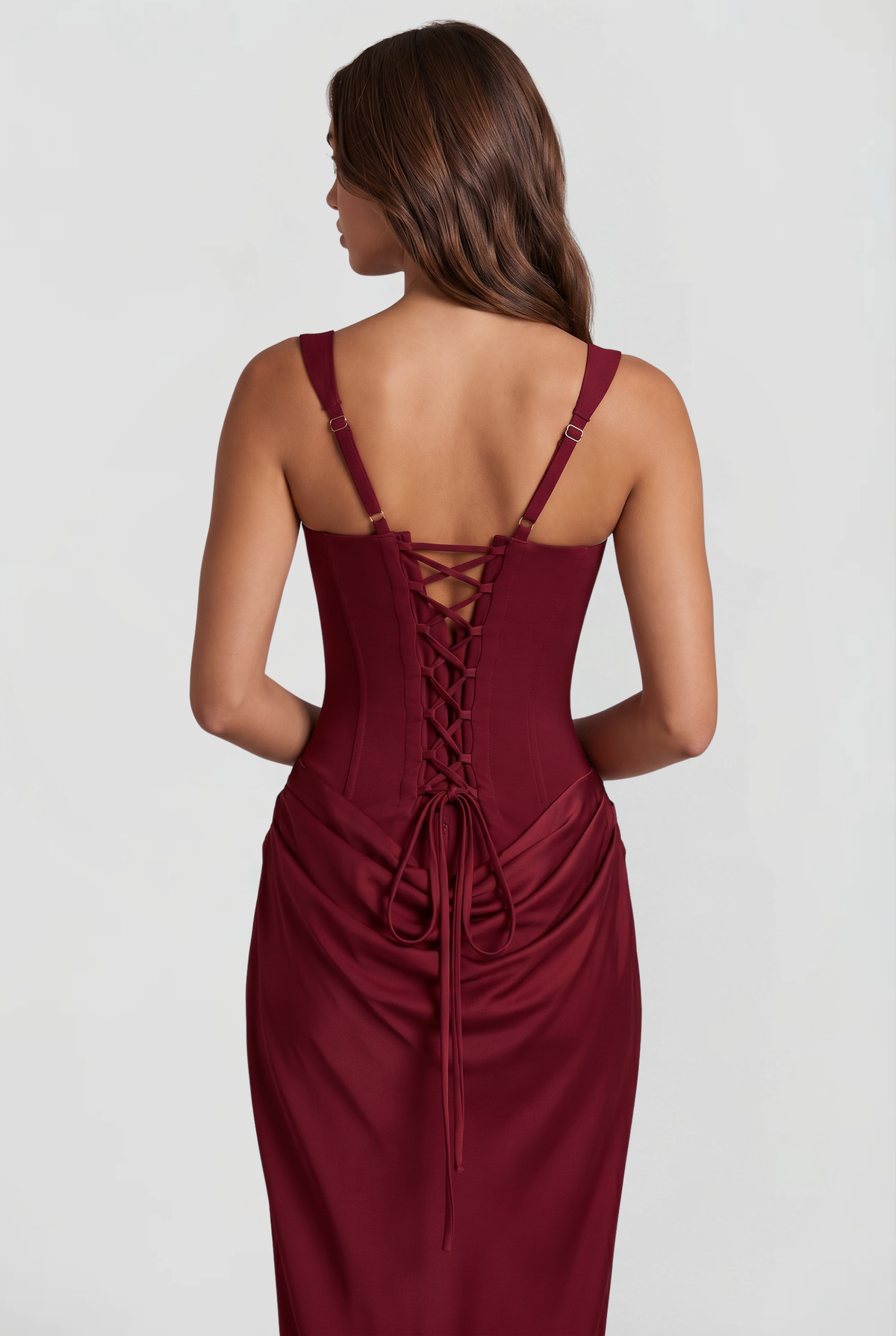 Square Neck Satin Maxi Dress With Lace Up Back