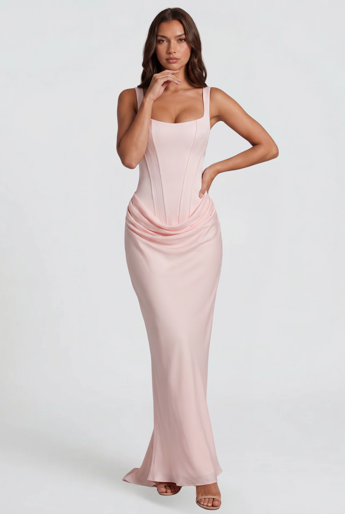 Square Neck Satin Maxi Dress With Lace Up Back