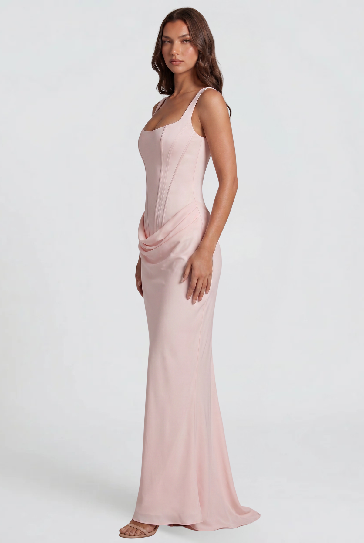 Square Neck Satin Maxi Dress With Lace Up Back