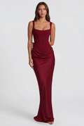 Square Neck Satin Maxi Dress With Lace Up Back