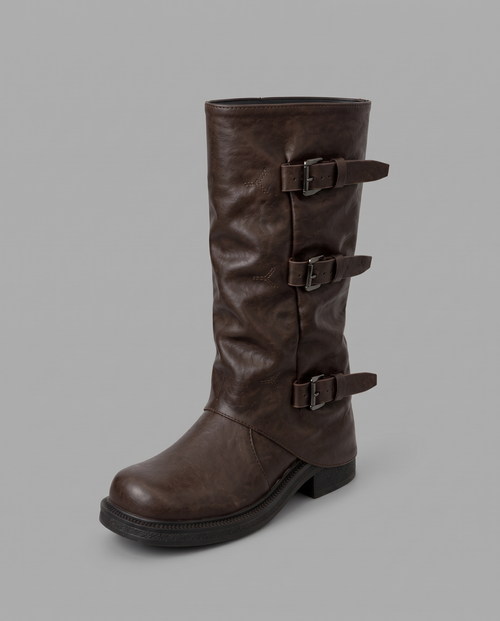 Women's Buckle Biker Boots With Block Heel