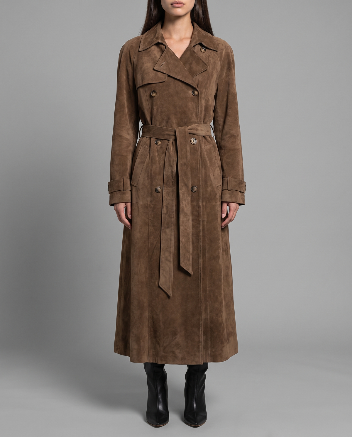 Long Faux Suede Trench Coat