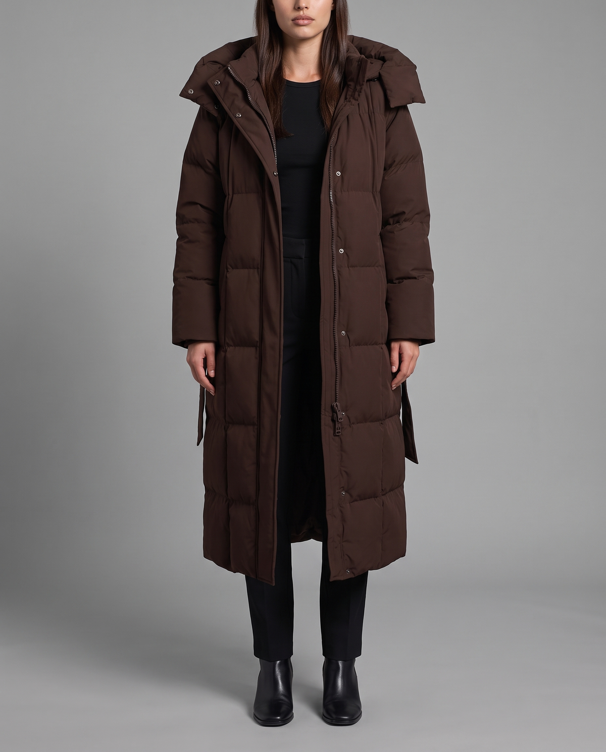 Long Puffer Coat With Hood And Tie Belt