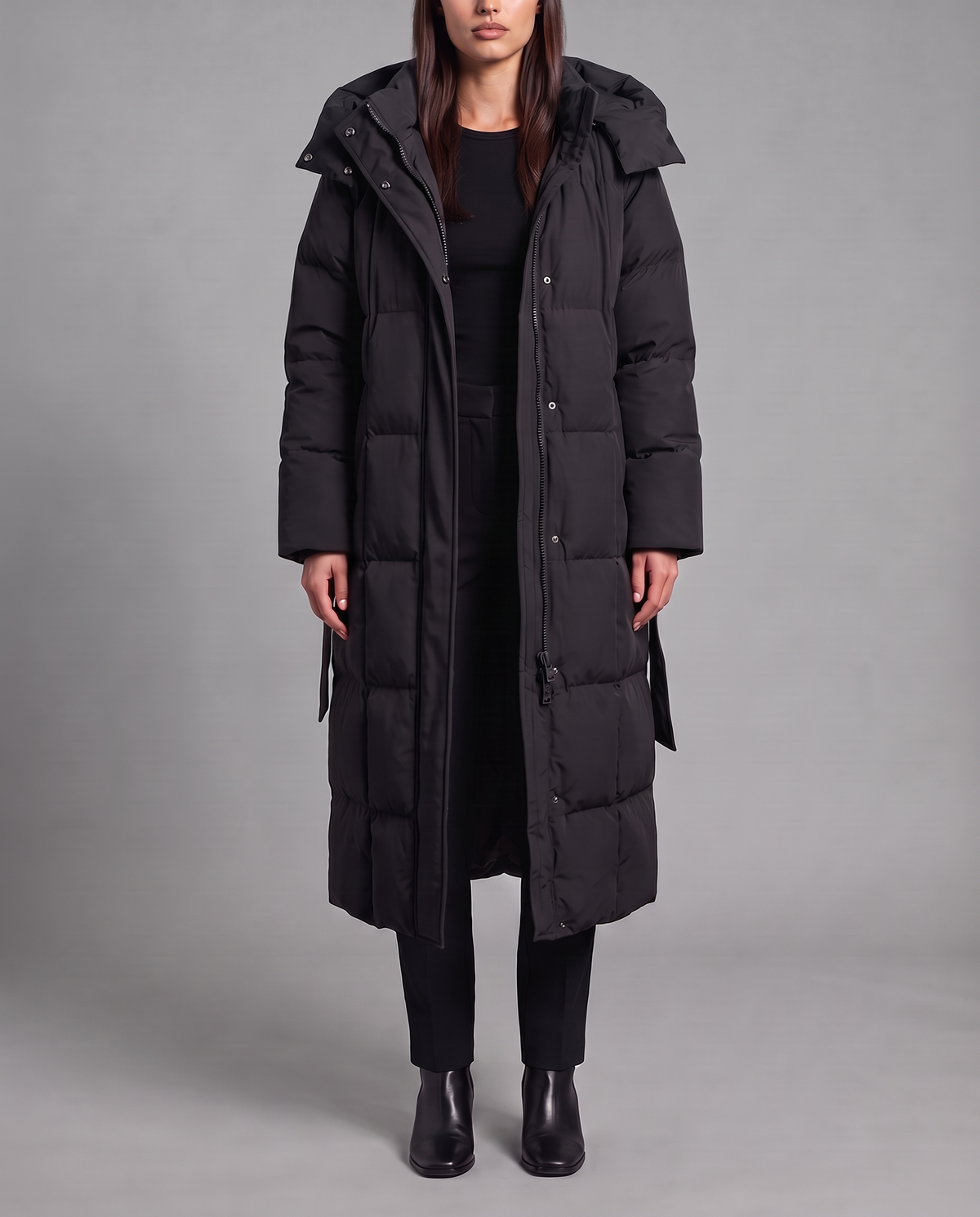 Long Puffer Coat With Hood And Tie Belt 6