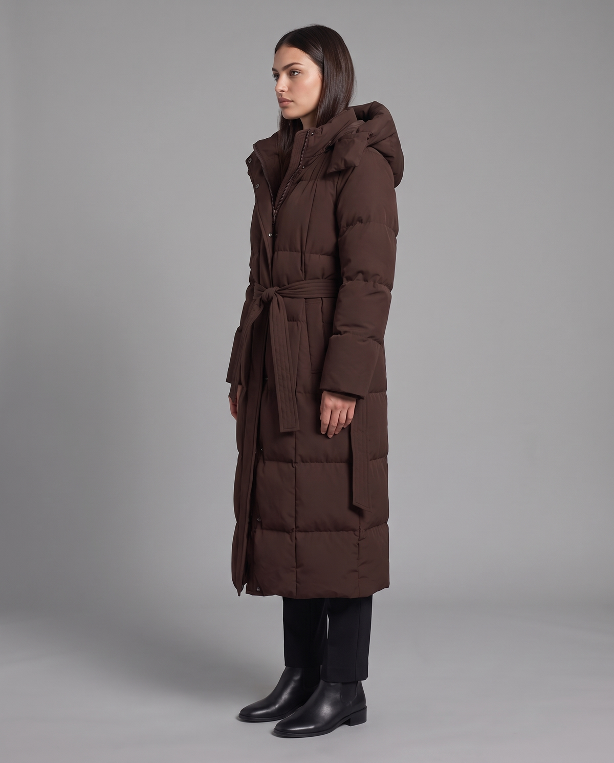 Long Puffer Coat With Hood And Tie Belt 2