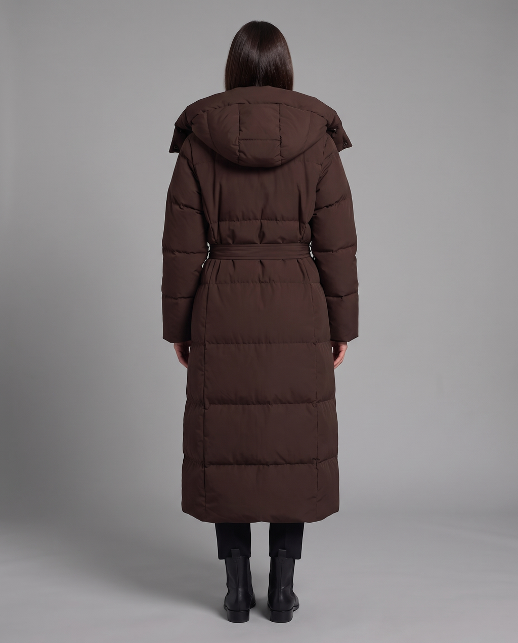 Long Puffer Coat With Hood And Tie Belt 3