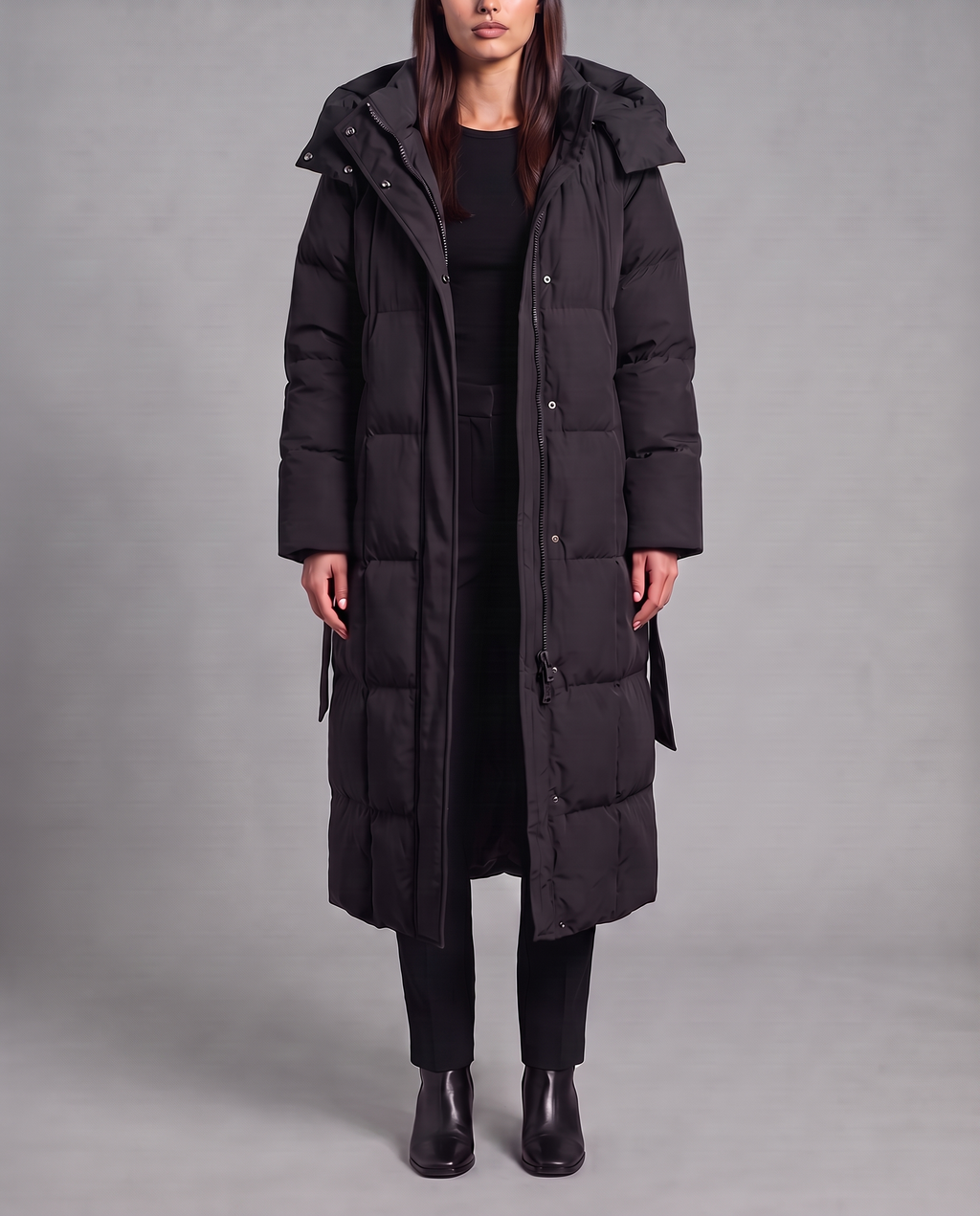 Long Puffer Coat With Hood And Tie Belt 9