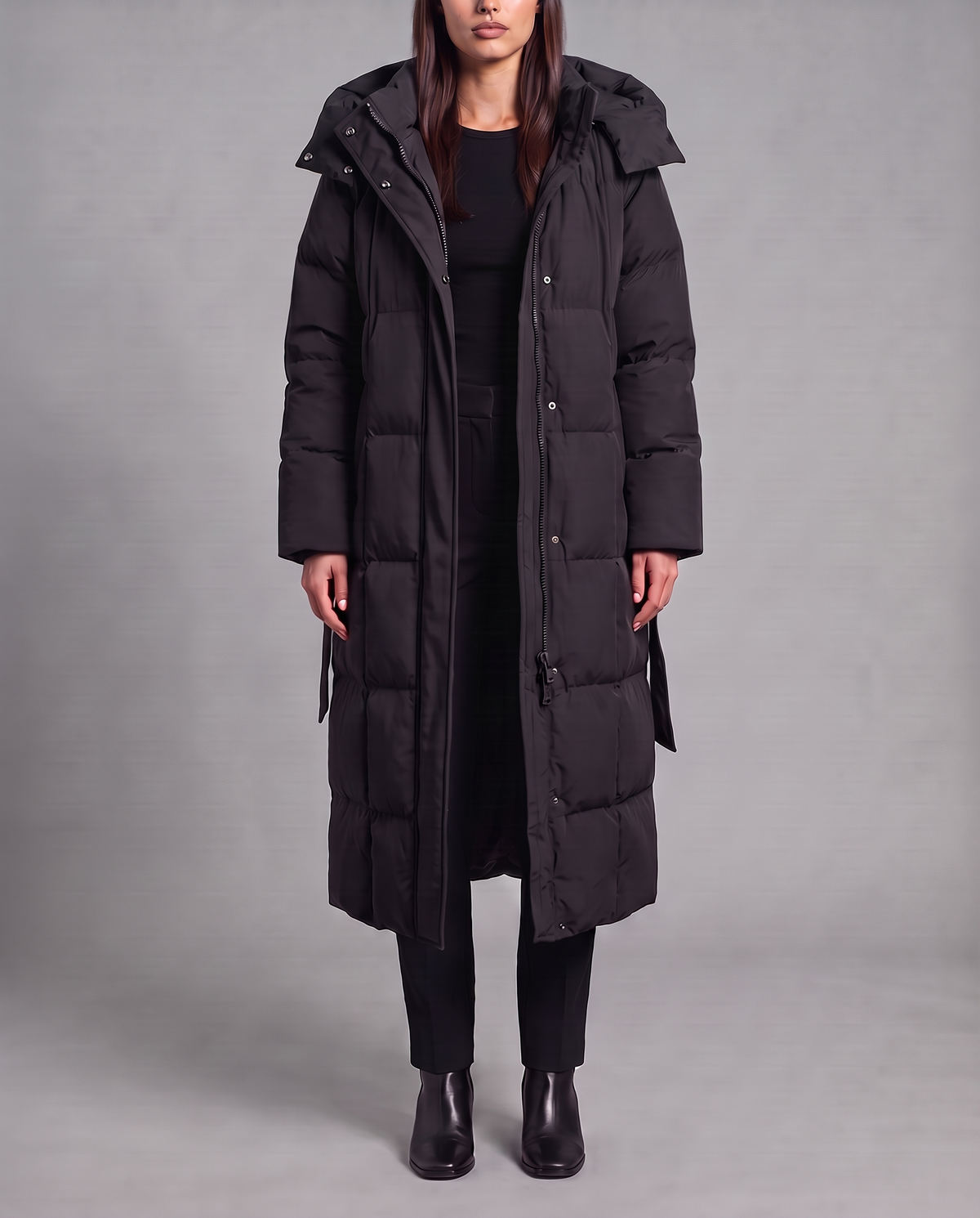 Long Puffer Coat With Hood And Tie Belt 9