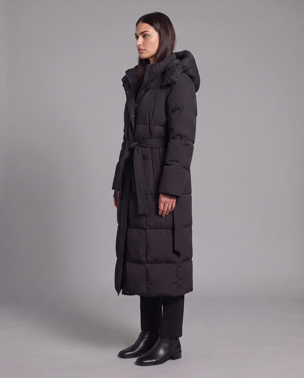 Long Puffer Coat With Hood And Tie Belt 7