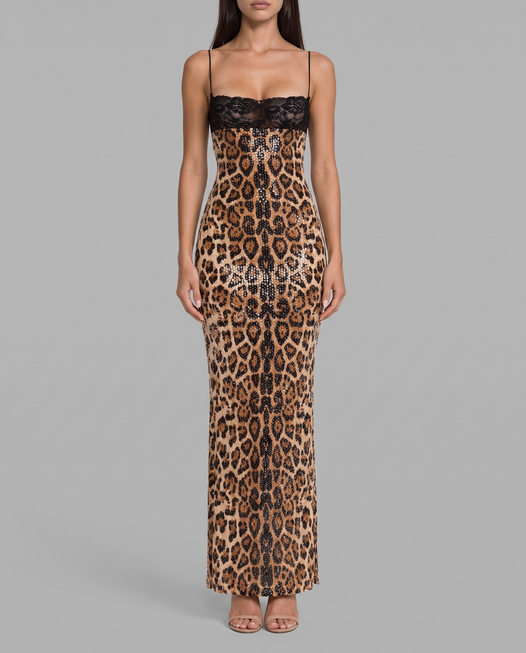 Sequin Leopard Print Maxi Dress With Lace Bust